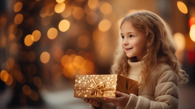 Ragazzo con una scatola regalo con luci di sfondo natalizie