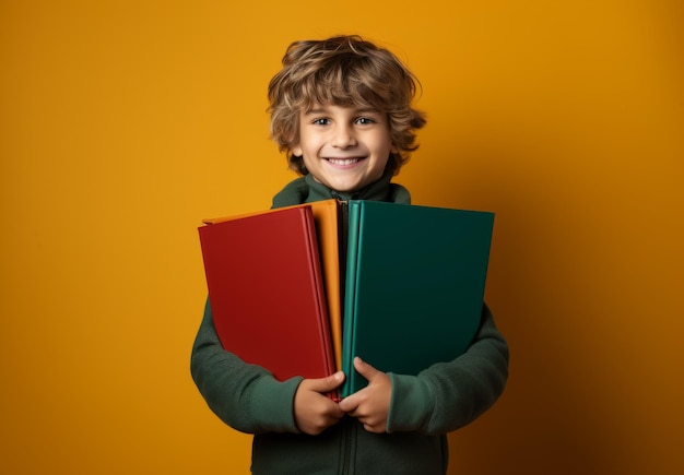 Ragazzo con zaino e libri su sfondo giallo