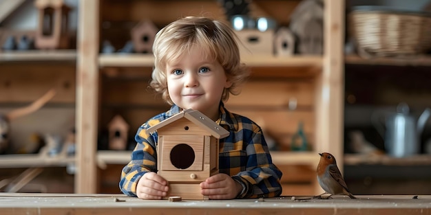 Ragazzo creativo che costruisce una casa per uccelli con spazio per messaggi personalizzati Concetto lavorazione del legno Progetti DIY Regali personalizzati Artigianato artigianale Design creativo
