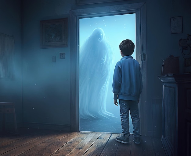 Ragazzo curioso che osserva un fantasma blu che levita davanti alla porta di una casa infestata