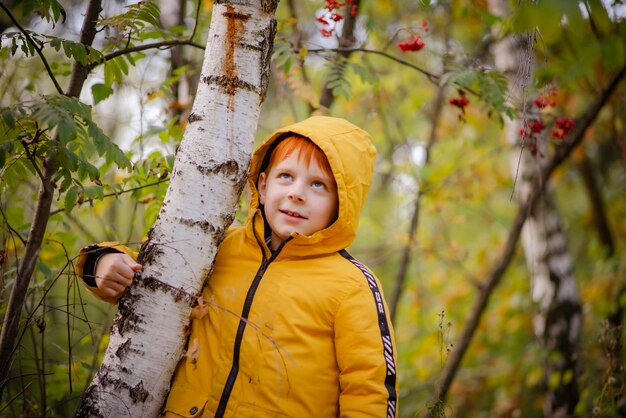 Ragazzo dai capelli rossi di otto anni con una giacca gialla nella foresta autunnale