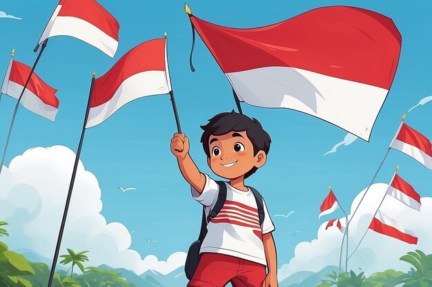 Ragazzo dei cartoni animati che agita una bandiera dell'Indonesia