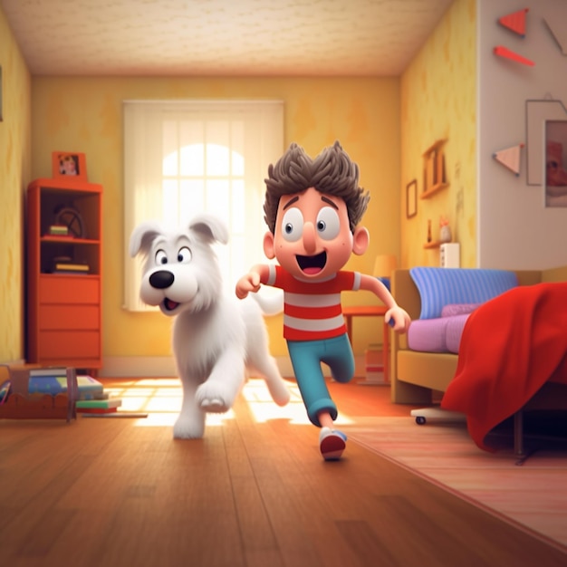 Ragazzo dei cartoni animati che corre con un cane in una stanza generativa ai