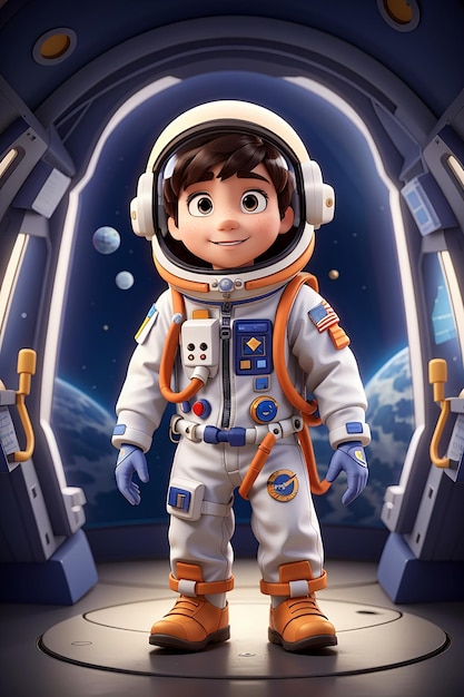 Ragazzo dei cartoni animati che indossa un vestito da astronauta in una nave spaziale