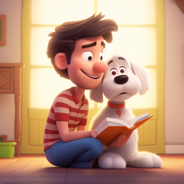 Ragazzo dei cartoni animati che legge un libro a un cane generativo ai