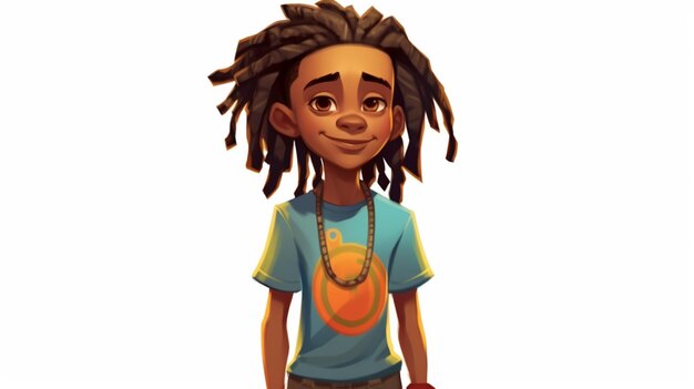 ragazzo dei cartoni animati con dreadlocks e una camicia blu che tiene uno skateboard generativo ai