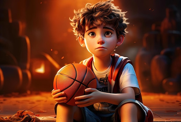 ragazzo dei cartoni animati in uniforme da basket nello stile di Raphael Lacoste