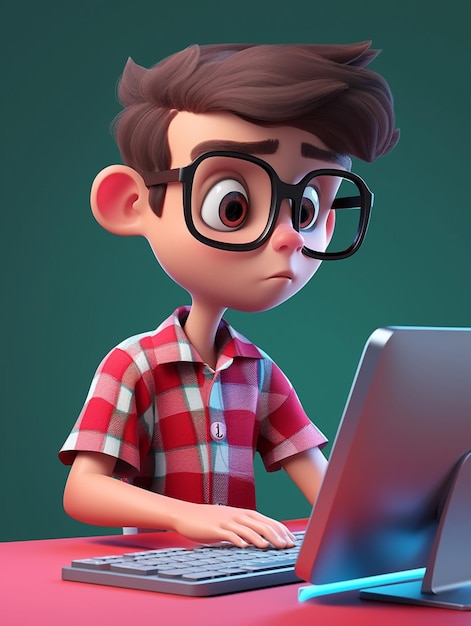 Ragazzo del fumetto con gli occhiali utilizzando un computer portatile su un tavolo generativo ai