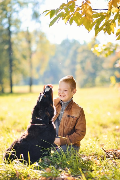 Ragazzo dell'adolescente e grande cane di montagna del cane nero che giocano all'aperto nella lampadina degli alberi di giallo di autunno del parco