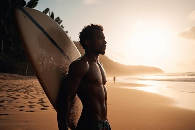 Ragazzo dello Sri Lanka con la tavola da surf sulla costa del mare al tramonto e in attesa dell'onda IA generativa