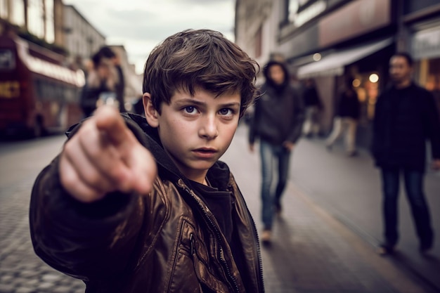 Ragazzo di 10 anni che punta il dito alla telecamera in un gesto di accusa per protestare contro la violazione degli abusi