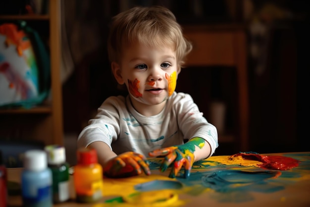 Ragazzo di 4 anni che dipinge con le mani Illustrazione dell'IA generativa