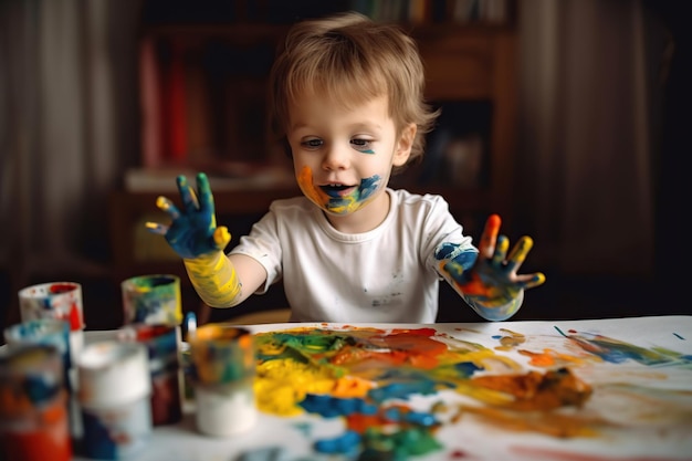 Ragazzo di 4 anni che dipinge con le mani Illustrazione dell'IA generativa