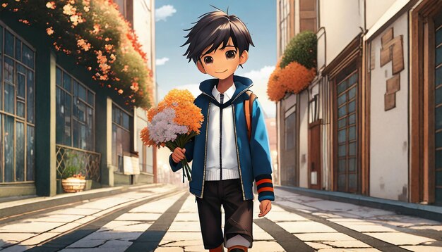 Ragazzo di anime con dei fiori in mano che cammina per strada