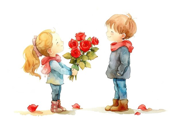 Ragazzo di cartoni animati che dà un bouquet di rose scarlatte a una ragazza illustrazione libro per bambini sfondo bianco