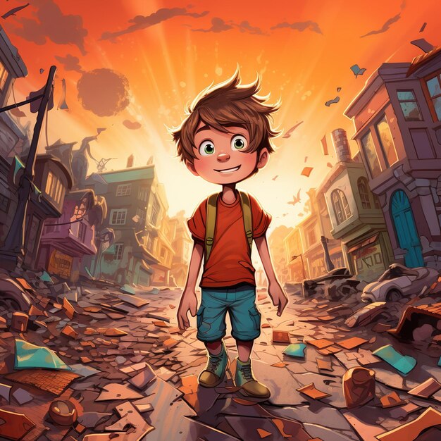 Ragazzo di cartoni animati solitario che cammina da solo per strada con la faccia sorridente distruggendo la città illustrazione di cartoni illustrati