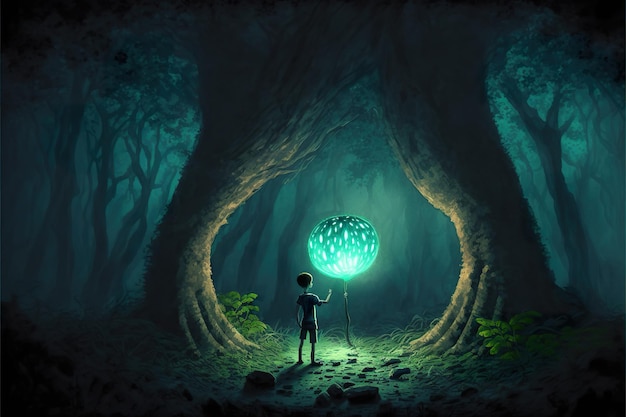 Ragazzo di fantasia magica con un albero di palla magica