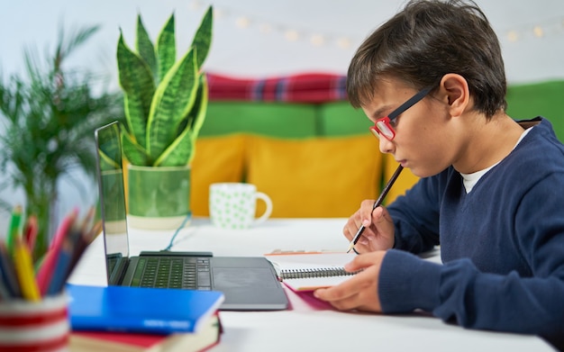 Ragazzo di scuola che ha lezioni in linea a casa scrivendo in un taccuino e utilizzando il computer portatile