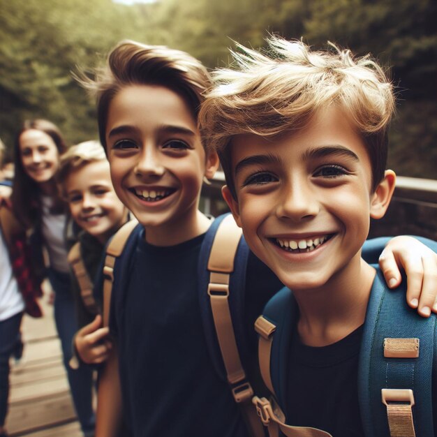 Ragazzo di scuola con lo zaino in spalla con il sorriso felice