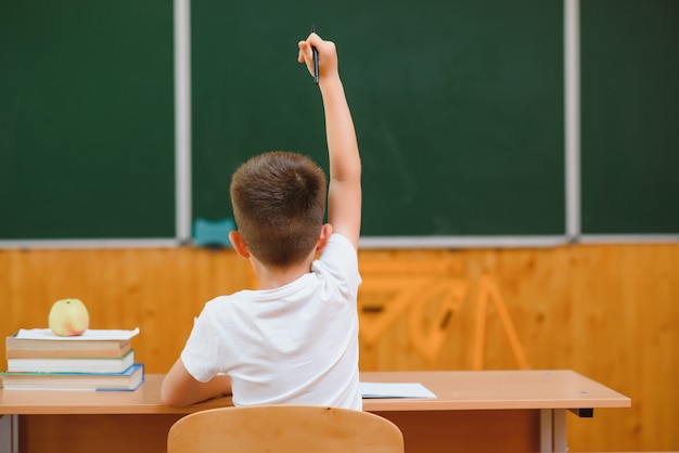 Ragazzo di scuola elementare alla scrivania dell'aula cercando di trovare nuove idee per i compiti.