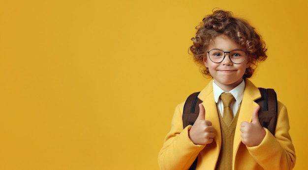 Ragazzo di scuola riccio sorridente con borsa e libro su sfondo giallo