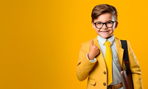 Ragazzo di scuola sorridente con borsa e libro su sfondo giallo