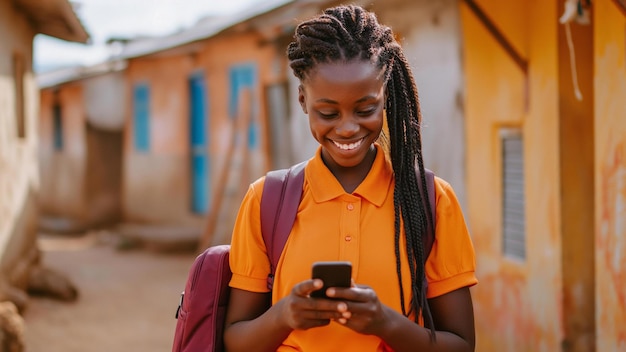Ragazzo di scuola sudafricano che sorride al telefono indossa un'uniforme arancione con una borsa sulla schiena capelli spogliati rura