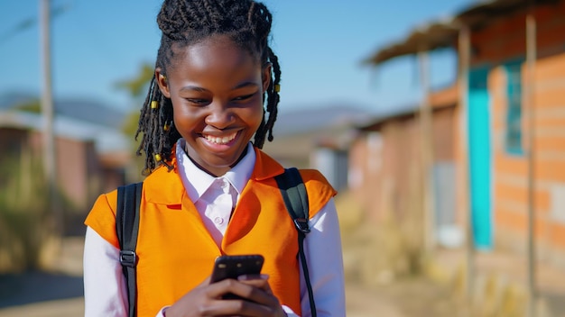 Ragazzo di scuola sudafricano che sorride al telefono indossa un'uniforme arancione zona rurale