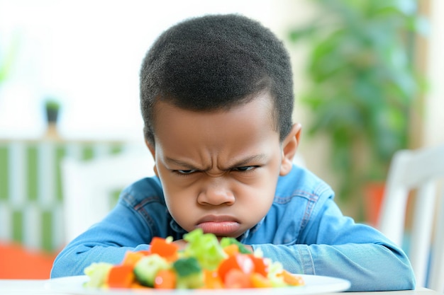 Ragazzo disgustato si rifiuta di mangiare l'insalata nutriente ragazzo afroamericano