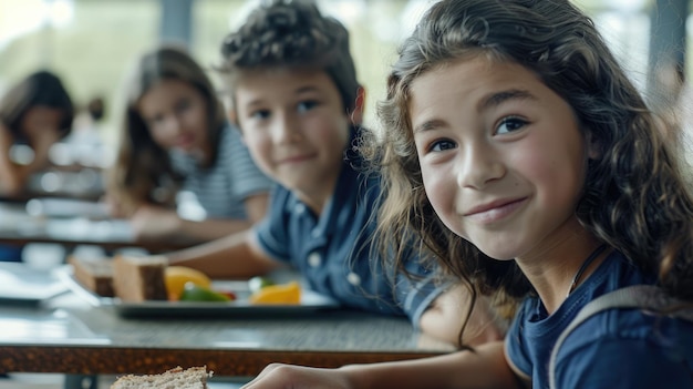 Ragazzo e ragazza al tavolo da pranzo della scuola sorridono alla telecamera