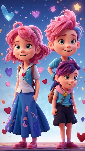 Ragazzo e ragazza animati con capelli blu e rosa