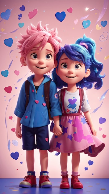 Ragazzo e ragazza animati con capelli blu e rosa