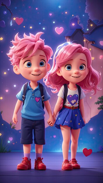 Ragazzo e ragazza animati con i capelli blu e rosa