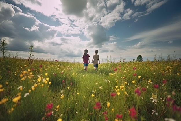 Ragazzo e ragazza che camminano al campo in fiore al tramonto IA generativa