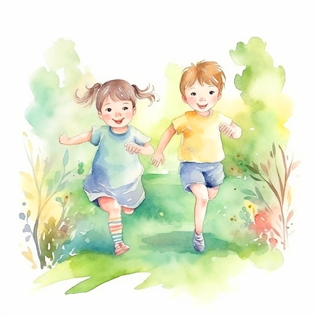 Ragazzo e ragazza che corrono nell'illustrazione dell'acquerello del parco.