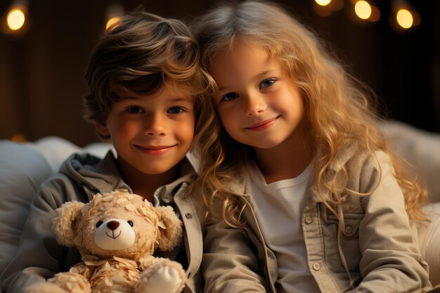 ragazzo e ragazza con orsetto di peluche