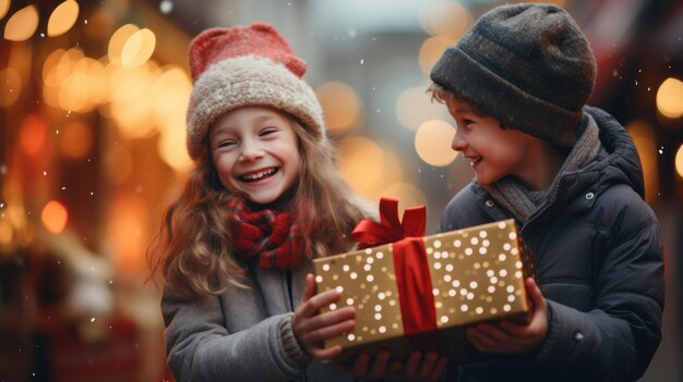 Ragazzo e ragazza con una scatola regalo sullo sfondo delle luci di Natale AI generativa