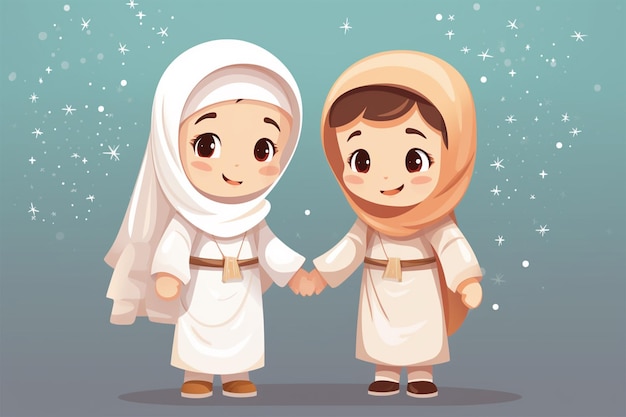 ragazzo e ragazza musulmani che pregano in abiti tradizionali