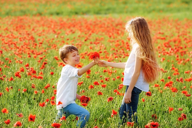 Ragazzo e ragazza nel campo del papavero