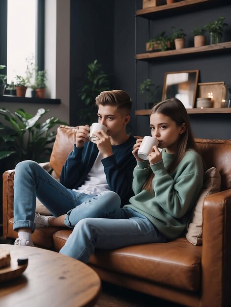 Ragazzo e ragazza sono seduti con il caffè in mano