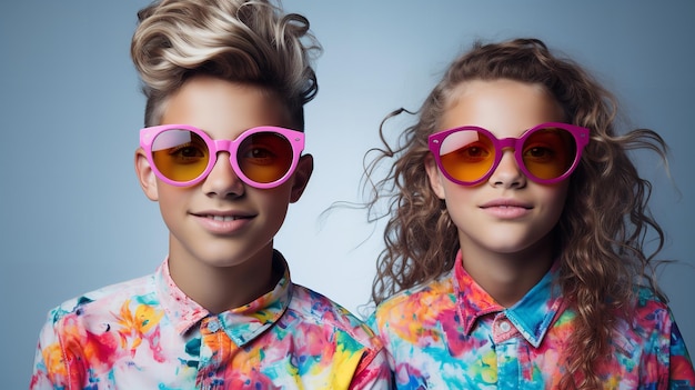 Ragazzo e ragazza sorridenti felici che posano per un ritratto di gruppo indossando un vestito colorato e occhiali da sole in uno sfondo pulito AI generativa
