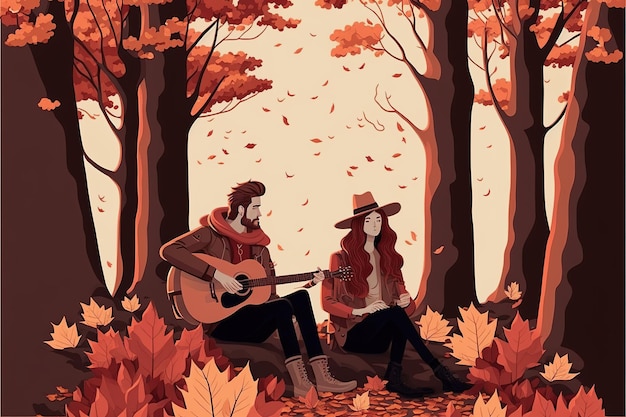 Ragazzo e ragazza sotto l'albero Amanti seduti e suonare la chitarra sotto l'albero in autunno Pittura illustrativa in stile arte digitale