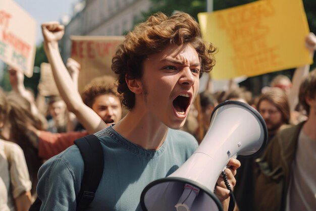 Ragazzo eccitato che grida alla manifestazione