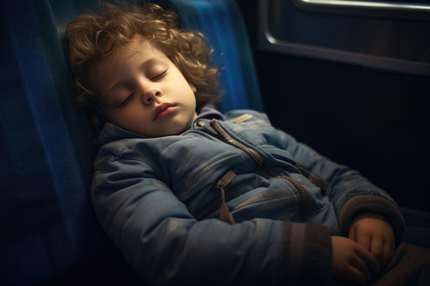 Ragazzo esausto che fa un pisolino sul sedile del treno durante un lungo viaggio