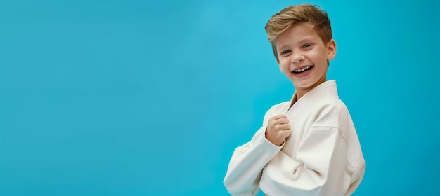 ragazzo europeo felice a lezione di judo o karate con spazio di copia