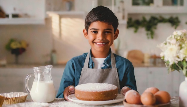 ragazzo felice che cucina una torta