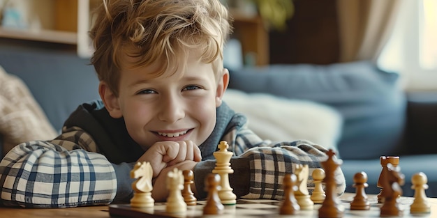 Ragazzo felice che gioca a scacchi a casa, bambino sorridente con una scacchiera, attività ricreativa indoor casuale, concettualizzazione di strategia e intelligenza AI