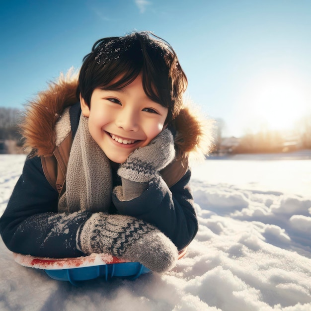 Ragazzo felice che va in slitta all'aperto in una limpida giornata invernale ai generativa