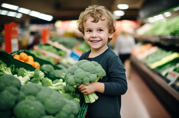Ragazzo felice con i broccoli nel supermercato