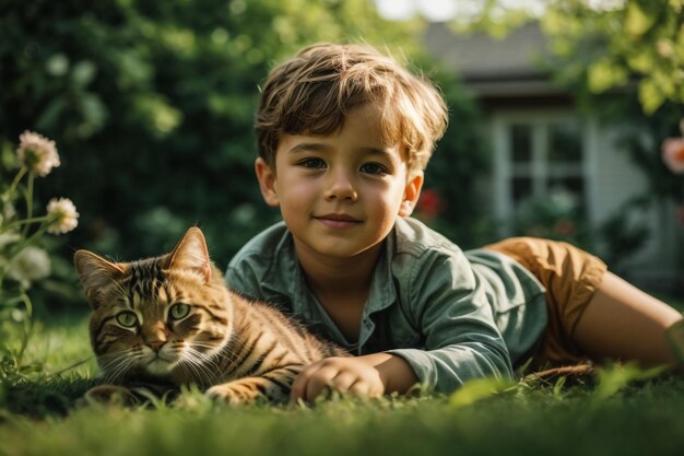 Ragazzo felice con un gatto di pelliccia rossa sulle mani nel villaggio